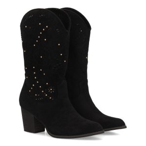Botas cowboy con tacón y troquelado floral Negras