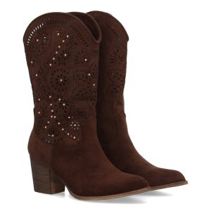 Botas cowboy con tacón y troquelado floral Café