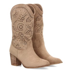 Botas cowboy con tacón y troquelado floral Beige