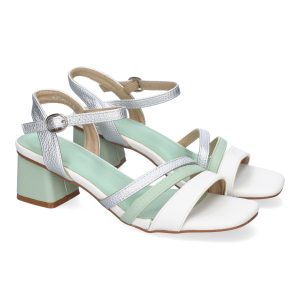 Sandalia de Tacon Comoda Triple Tira en la Pala PLATA Y VERDE