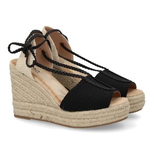 Sandalia de cuña de yute para mujer, comodas y elegantes, diseño moderno con cierre de cordones Negras