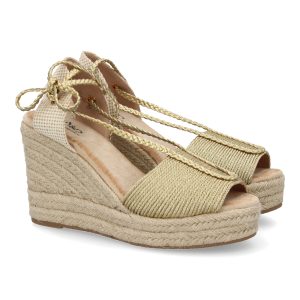 Sandalia de cuña de yute para mujer, comodas y elegantes, diseño moderno con cierre de cordones Oro
