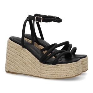 Sandalia de cuña de yute para mujer, diseño comodo y elegante con tiras cruzadas en la pala Negra