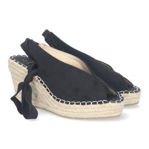 Sandalia de Cuña con Yute y Cordones, talón y empeine abiertos, color Negro
