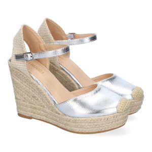 Sandalia de Cuña de Yute con Punta Bordada y Hebilla Plata